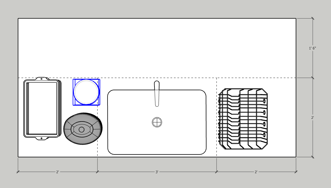2D plan model of a 7' kitchen island with single large sink in the middle and two 24-inch cabinets.